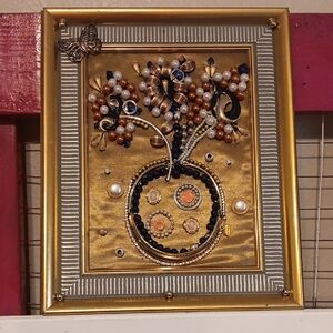 Framed Jewelry Art- Floral Bouquet With Gold and Silver Frame